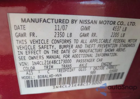 2008 Nissan Altima Hybrid from USA, damaged, VIN 1N4CL21E48C173000